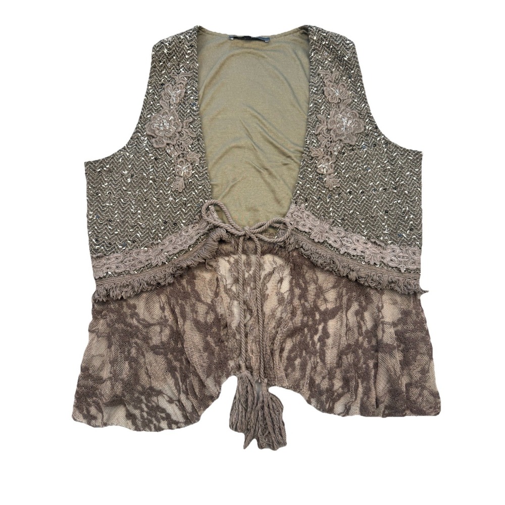 Miss Me Women's Tie Front Vest Size Small Army Green‎ Boho Hippie Crochet Lace